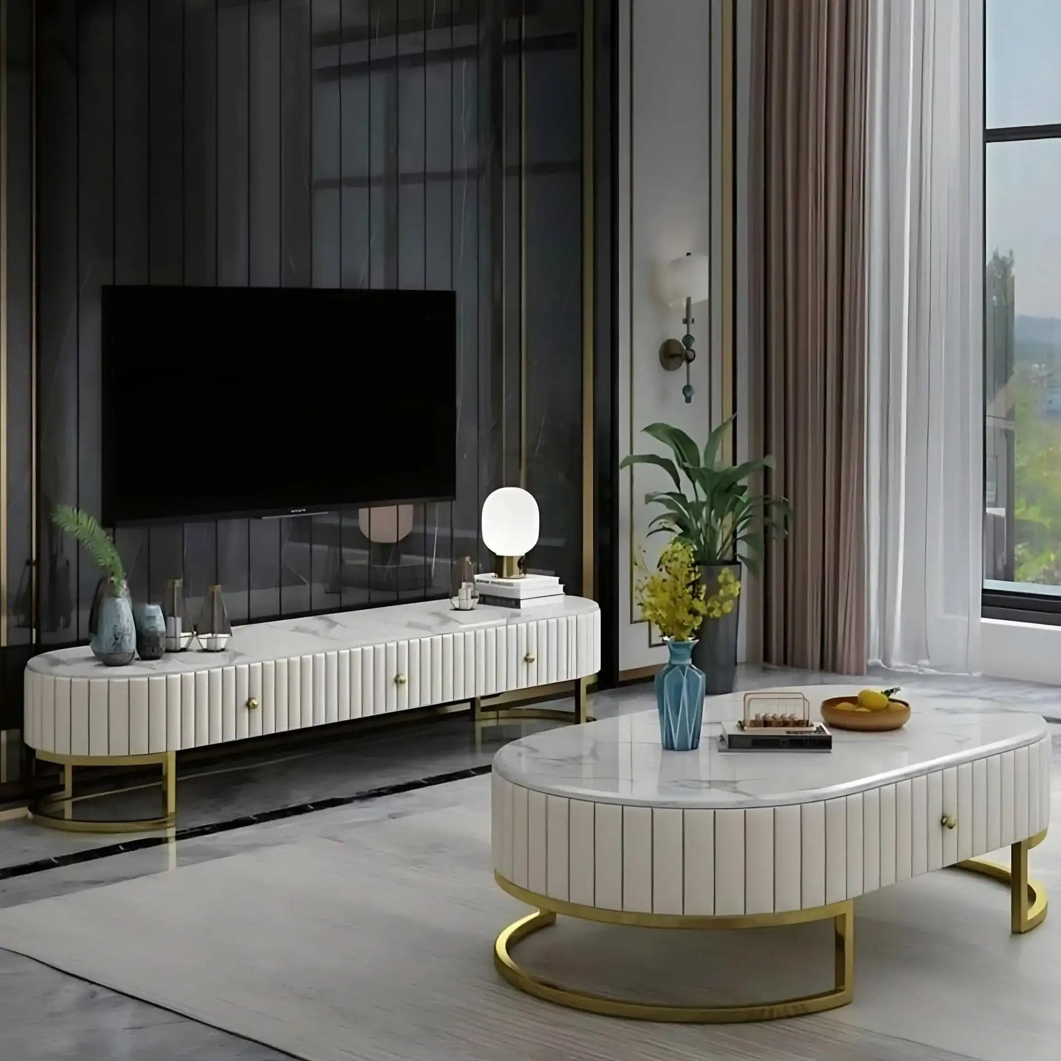 طقم طاولات ام دي اف و استانلس لون أبيض - Baytuk