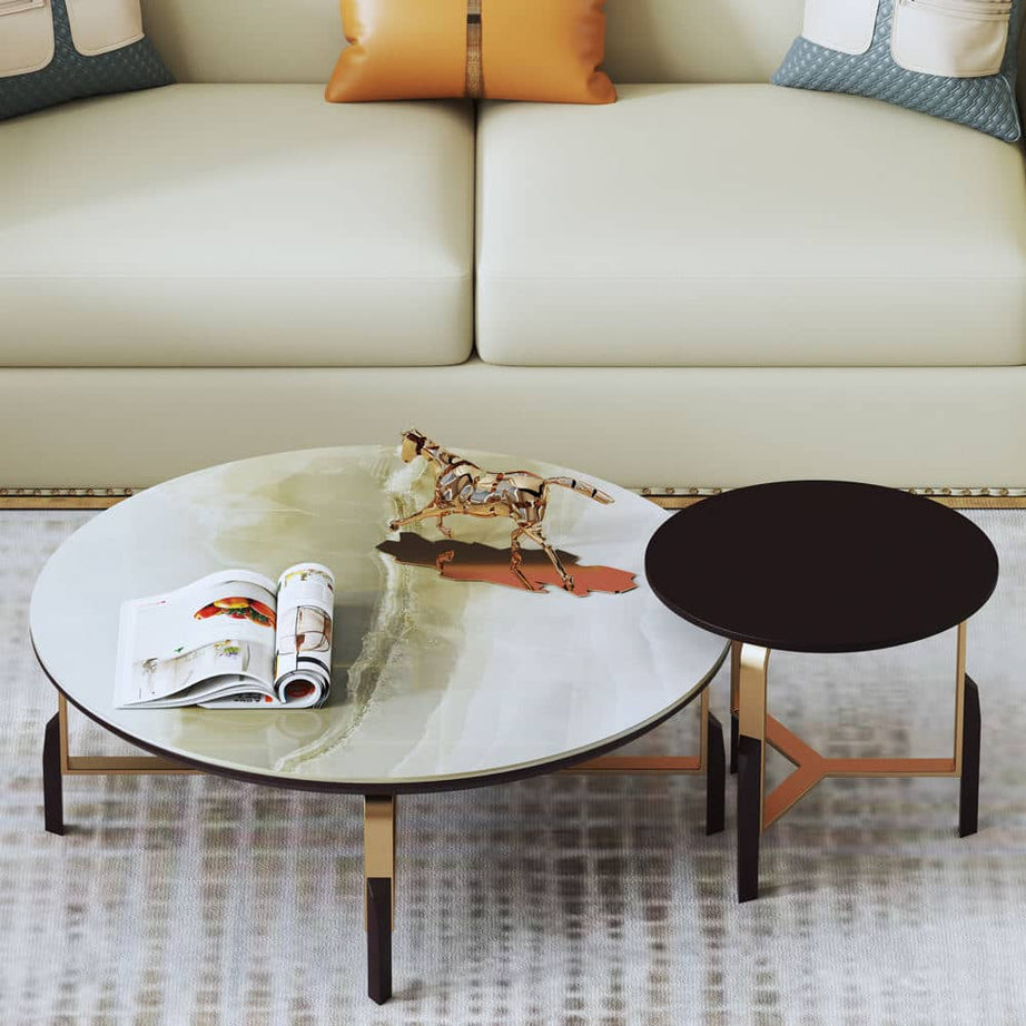 تصميم أنيق لطاولة قهوة مزدوجة بأرجل معدنية